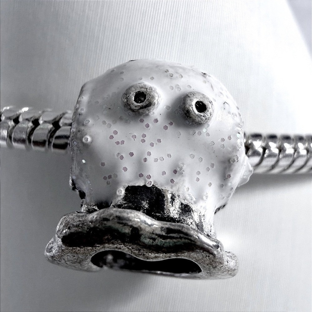 Silver Bead Charm Fits Snake Chain Bracelet Halloween Ghost White Glitter Bead